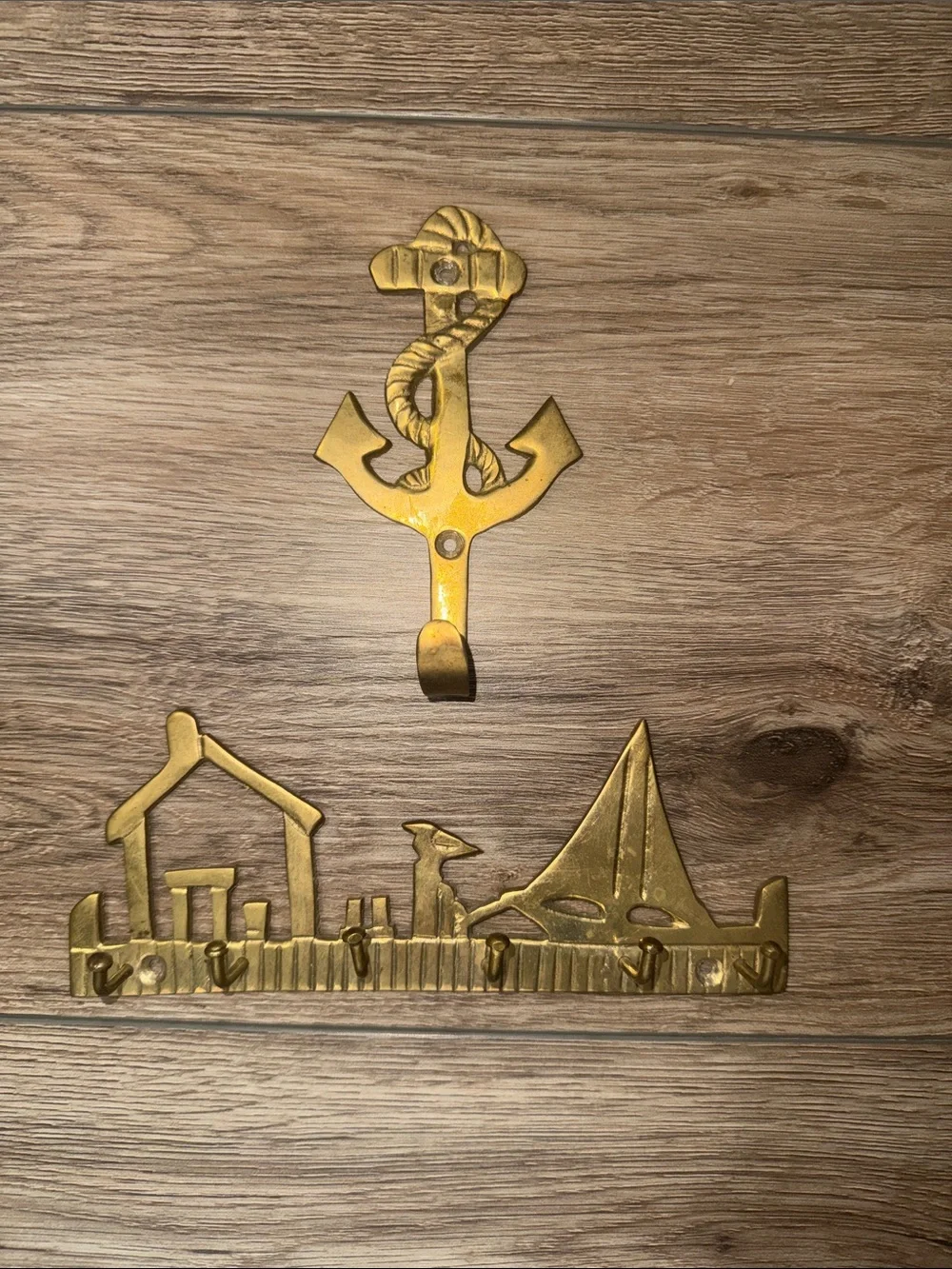 Vintage Brass Anchor & Nautical Scene Wall Hooks - Gold